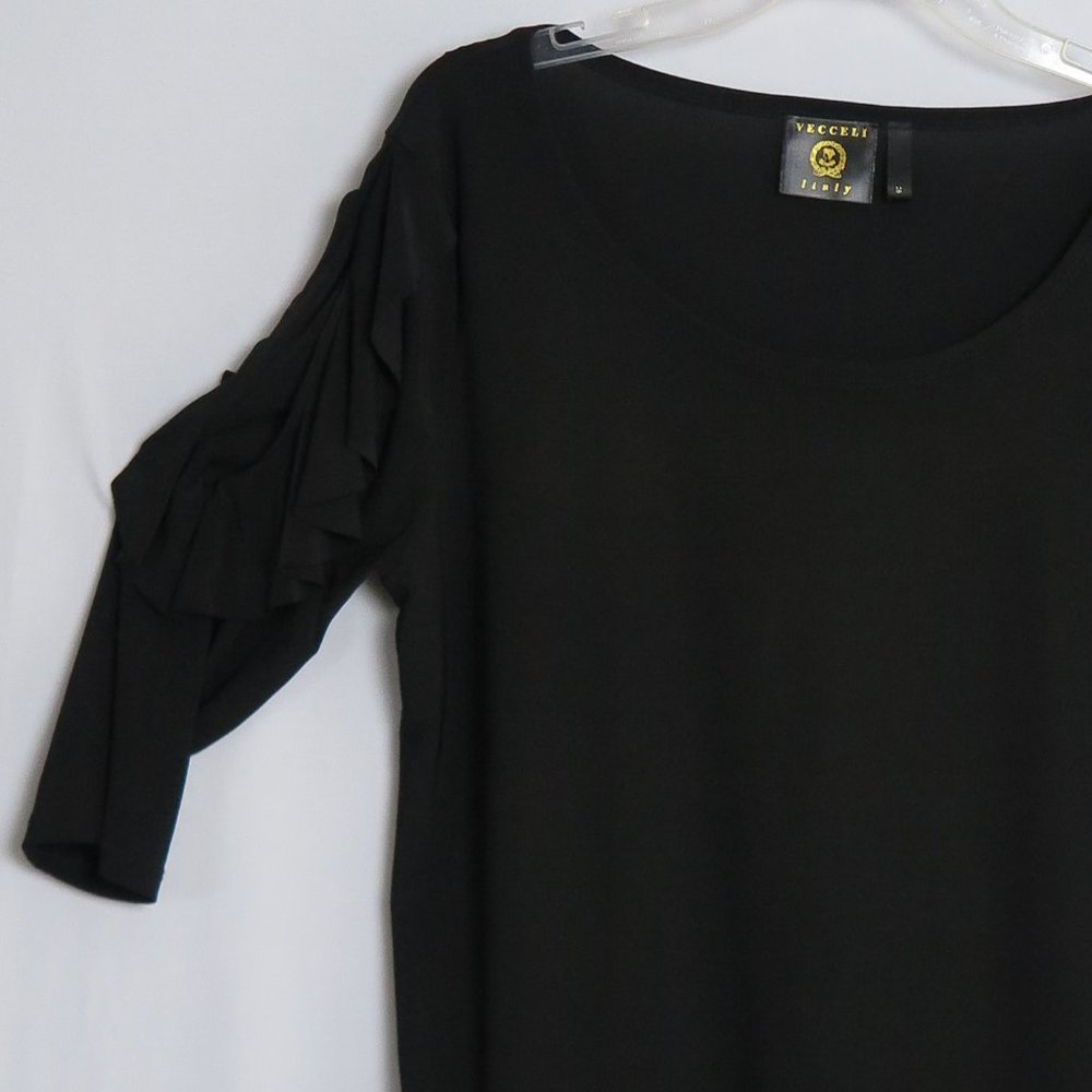 VECCELI ITALY Black Ruffled 3/4 Sleeve Slinky Top Size M - Picture 2 of 6